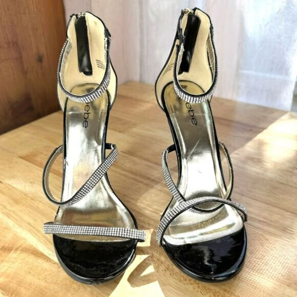 Bebe Black Women's High Heel Janae Strappy Pump w/ Rhinestones Size 8 - Picture 2 of 10